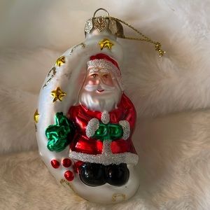 2003 Thomas Pacconi Hand Blown Glass Ornament Santa on Moon